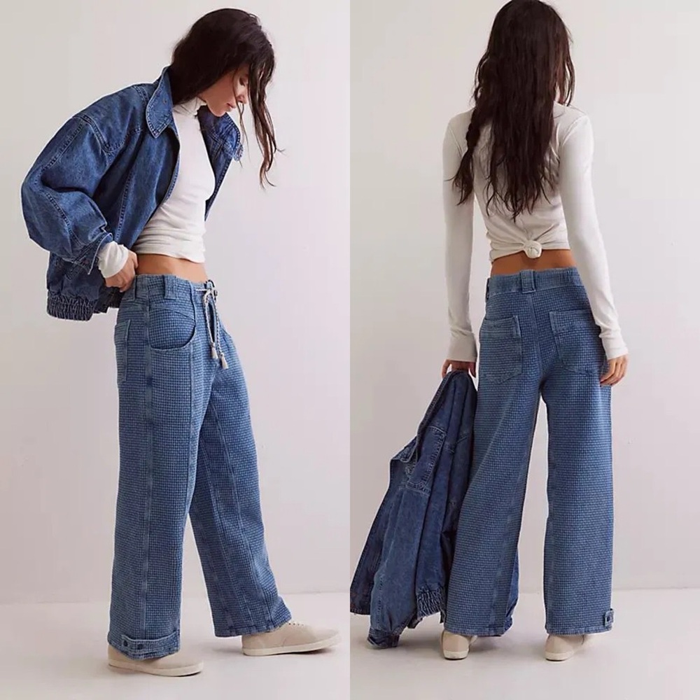 NWT Free People Washed Away Pull On Boyfriend Jeans Waffle Knit - Picture 2 of 8